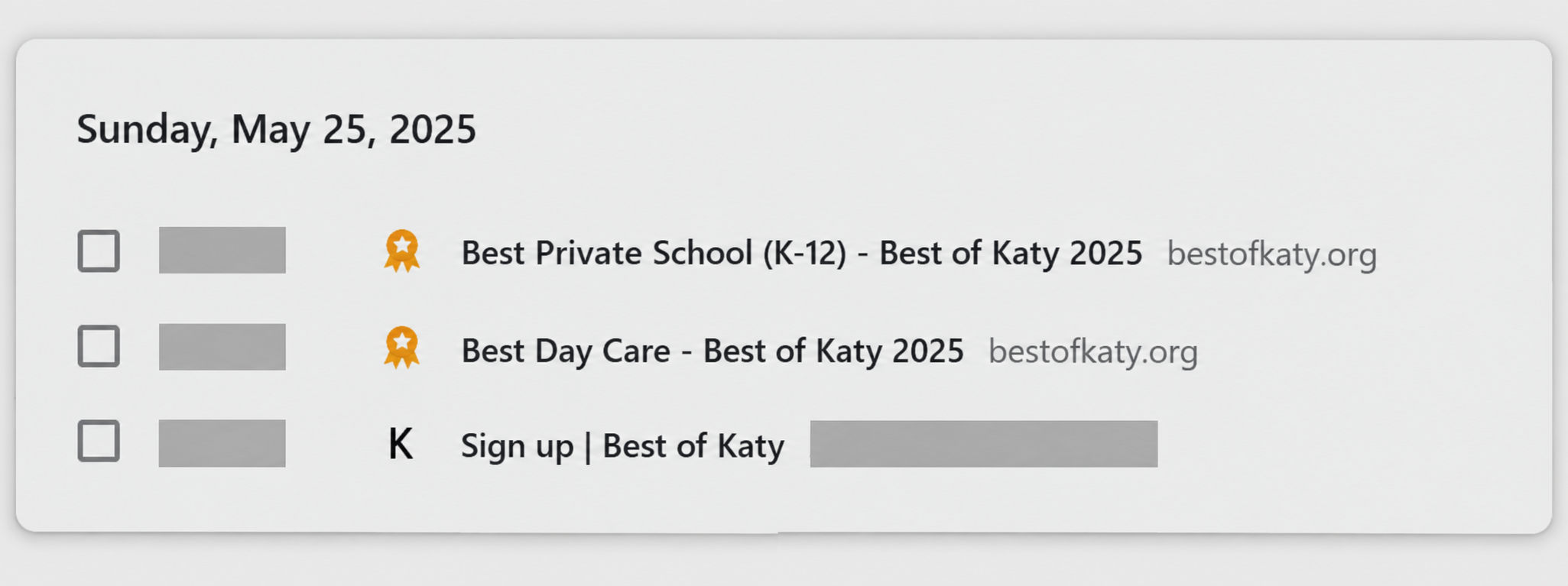 Redacted browser history containing Best of Katy school and day-care award pages
