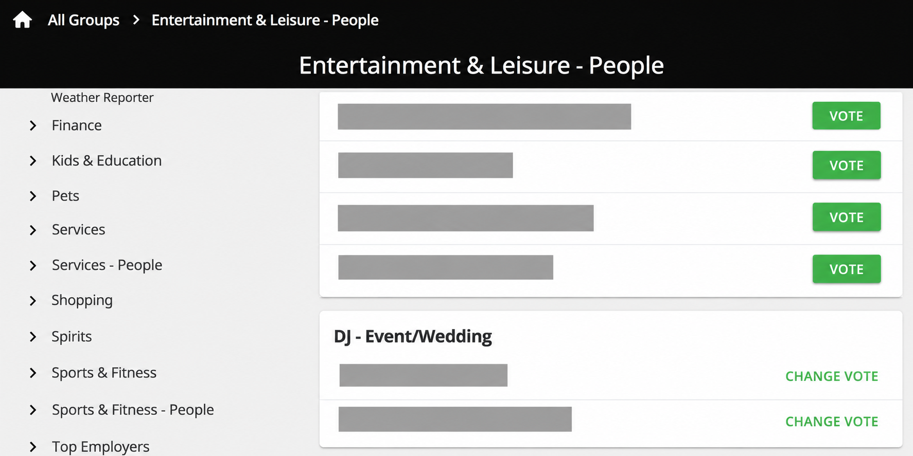 Redacted owner-supplied awards ballot showing category navigation and Vote and Change Vote controls